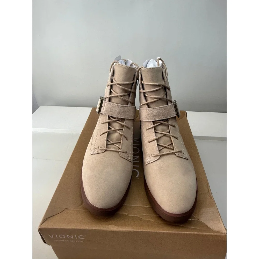 Vionic Catina Suede Lucid Beige Combat Boots Side Zip Women Size 9‎ NWB